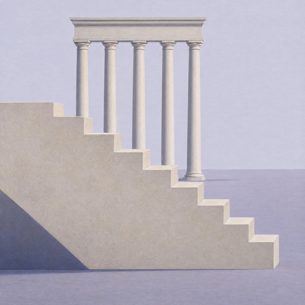 A pale stone staircase under a colonnade, a single ball on the top step