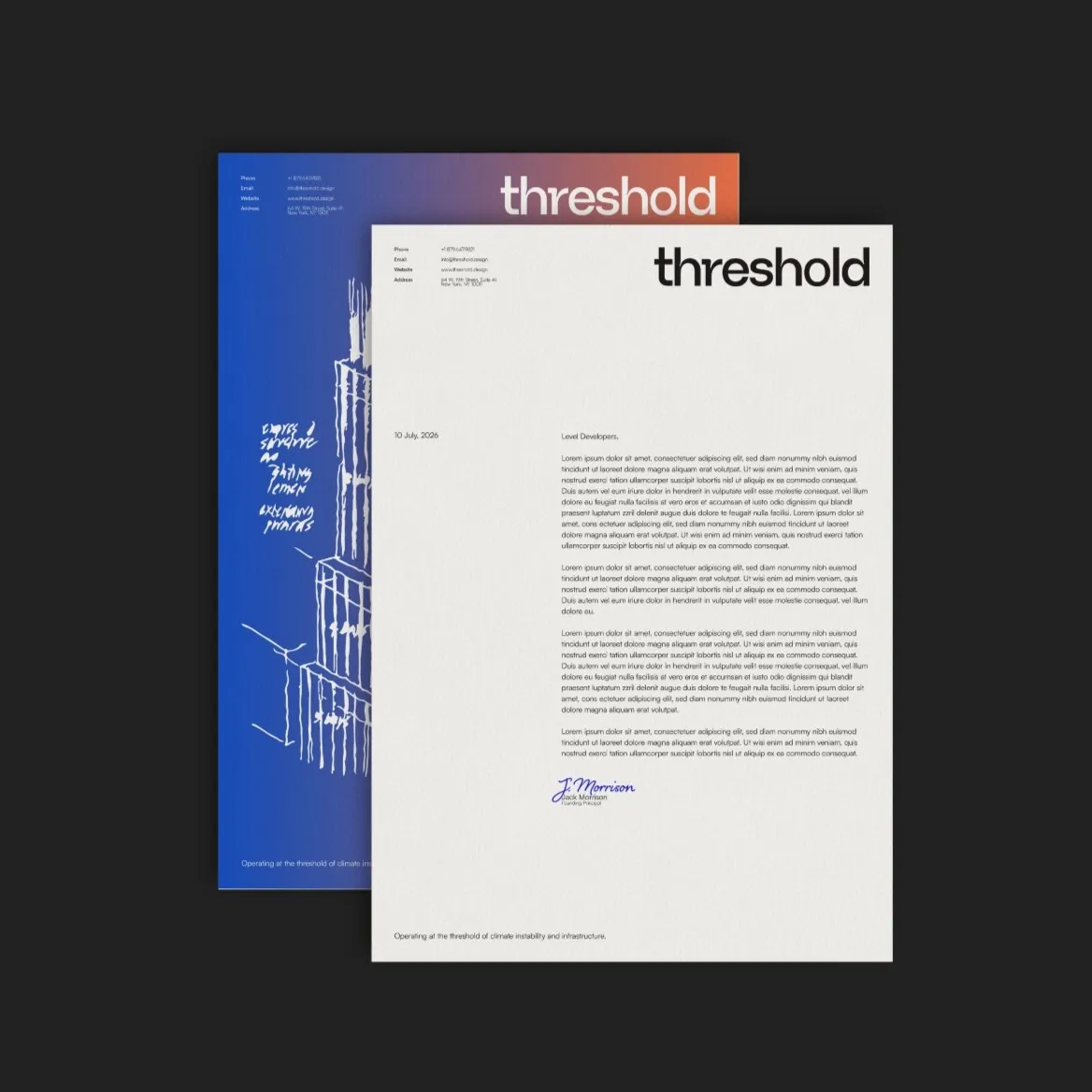 Two overlapping letterhead designs for Threshold with contact details, logo, and a letter dated 10 July 2026 signed by J. Morrison, on textured white and gradient blue-orange backgrounds.
