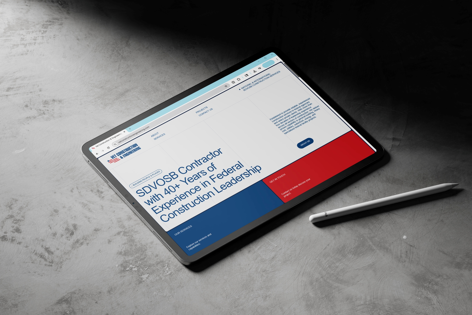 Image of an i[ad featuring the Vet Construction and Engineering home page