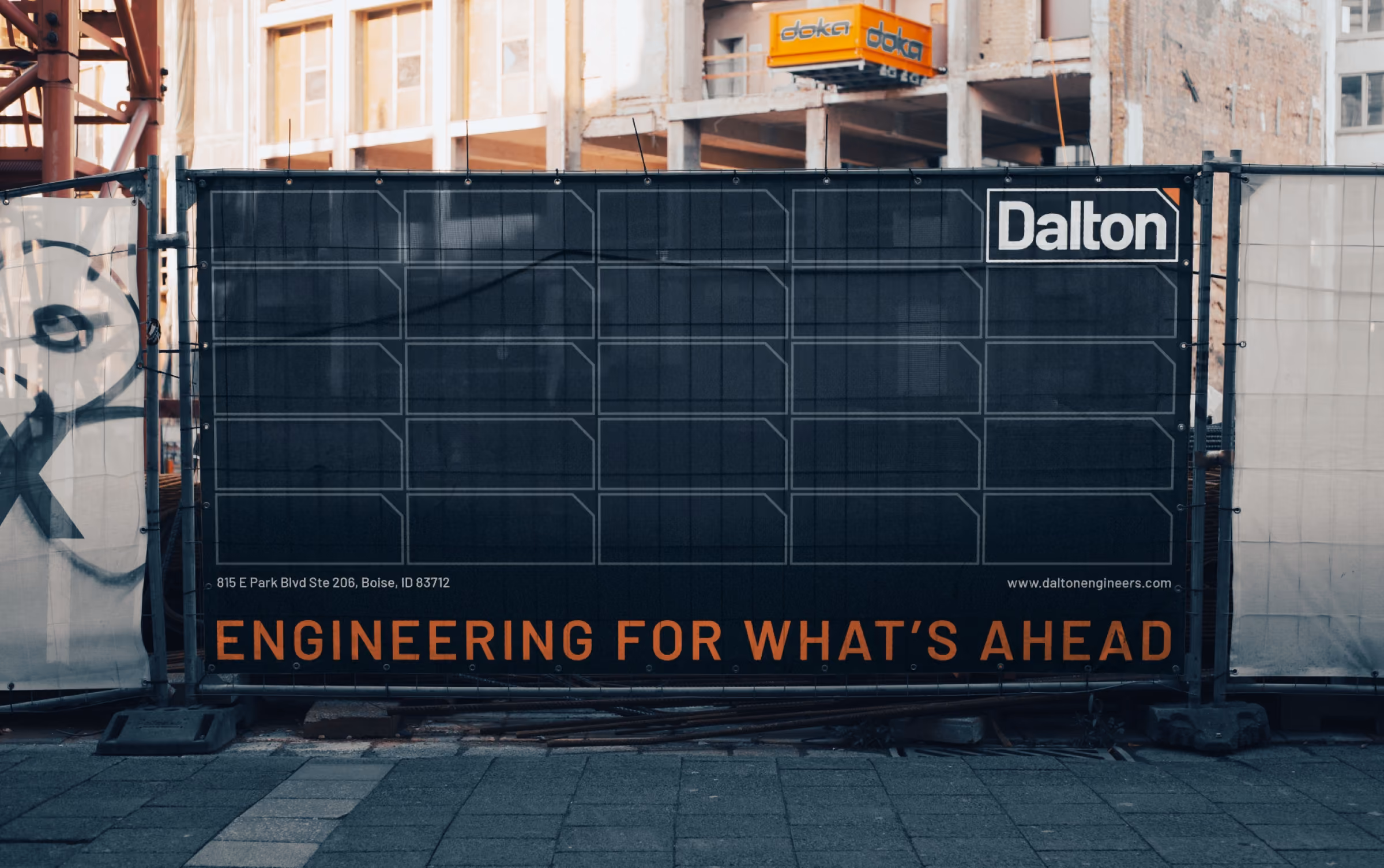 Construction banner featuring Dalton Engineers branding and the phrase "engineering for what's ahead"