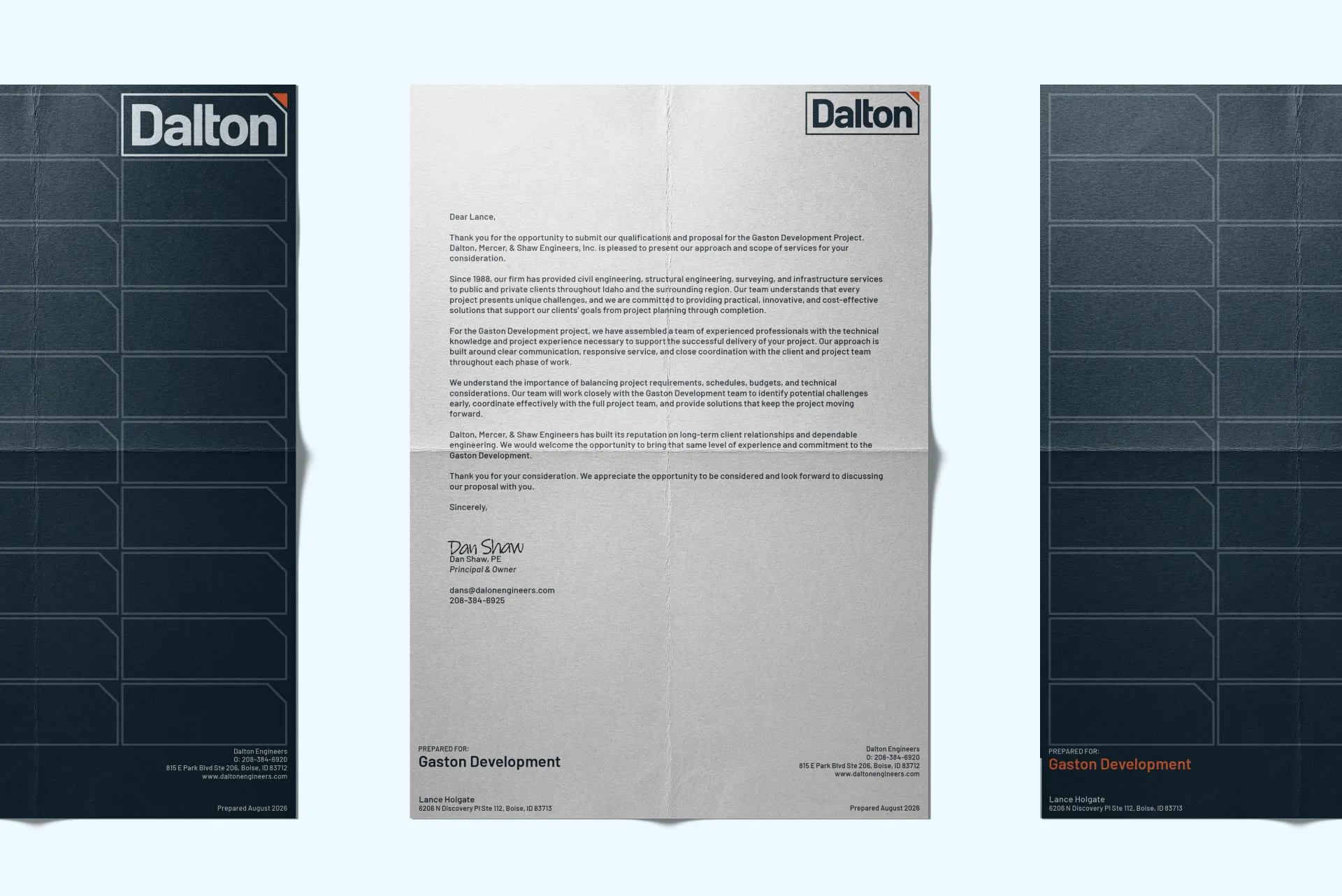 Dalton Engineers letterhead with a formal business letter addressed to Lance Holgate about the Gaston Development Project, including company logo, contact info, and signature from Dan Shaw, Principal & Owner.