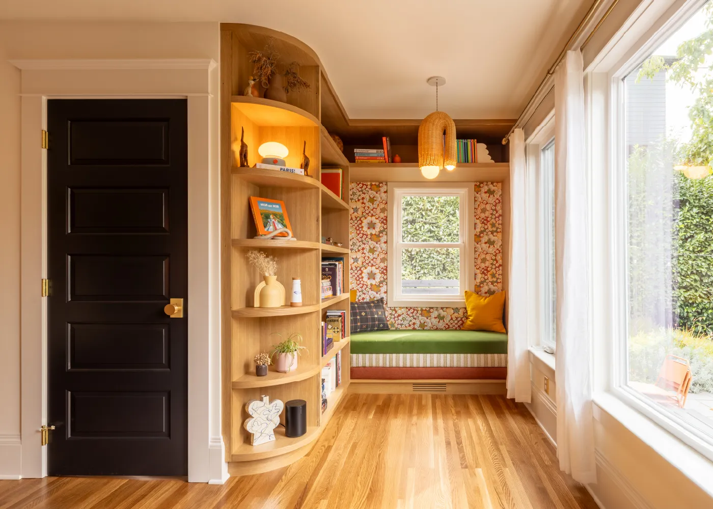 Image of interior design of residential bedroom showing a reading nook.