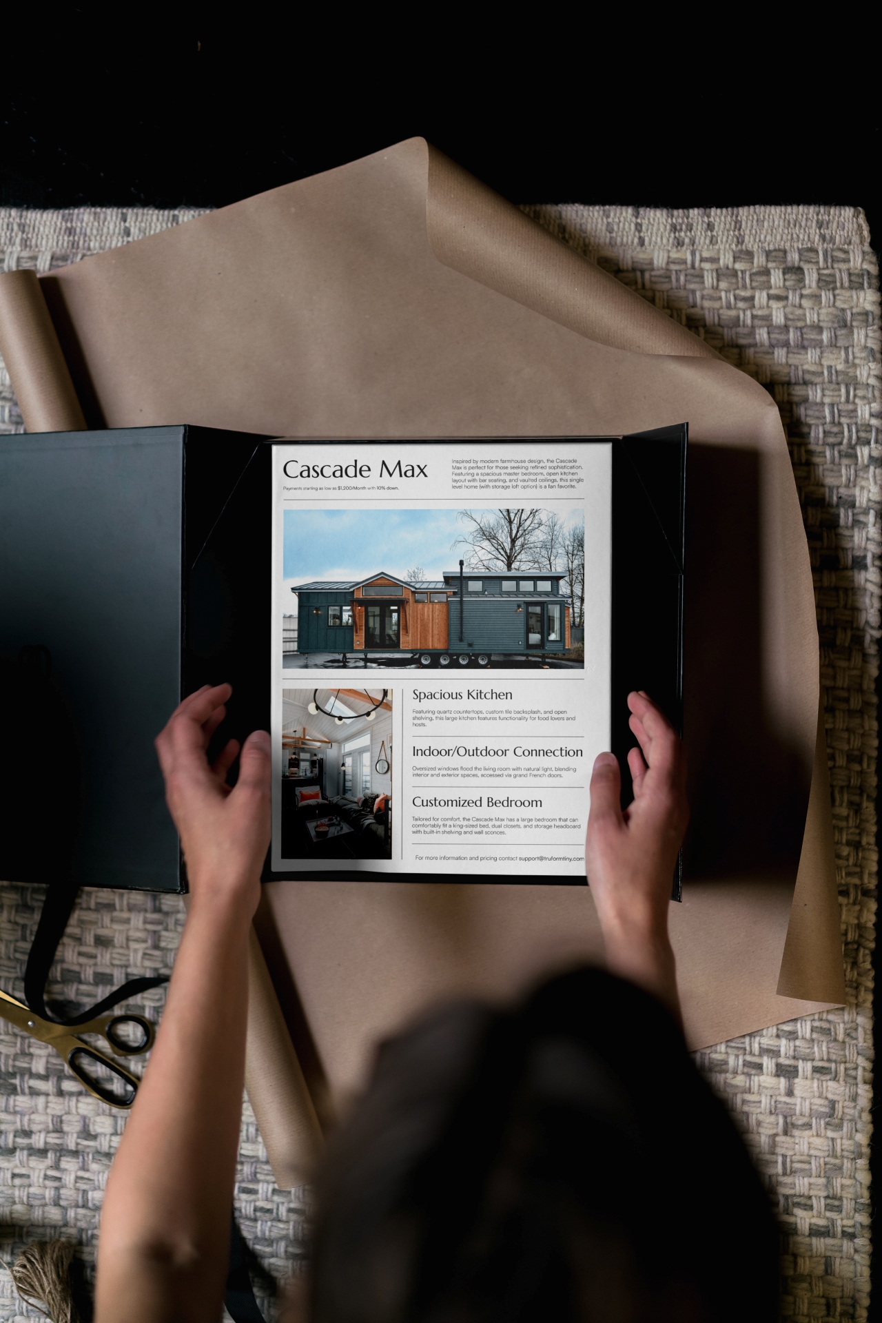 Image of flyer with "tru form tiny" logo and information about tiny homes.