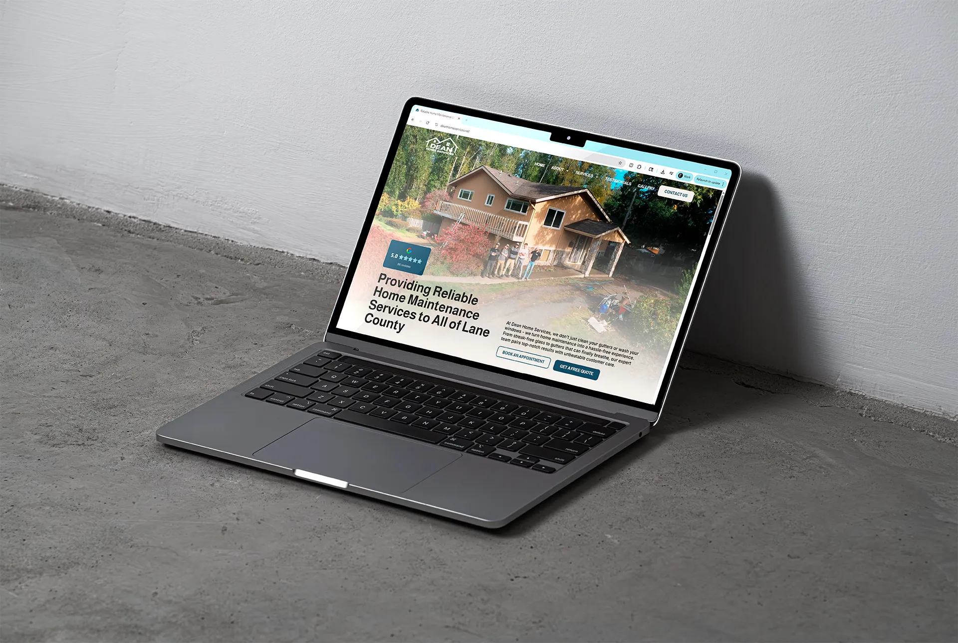 Laptop open to Dean Home Services website homepage.