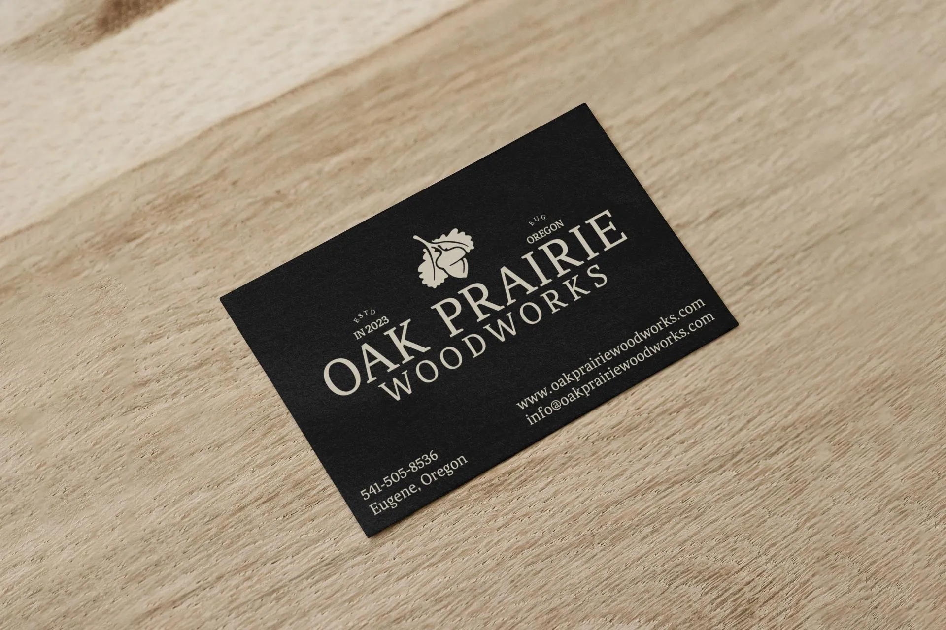 Business card design for Oak Prairie Woodworks