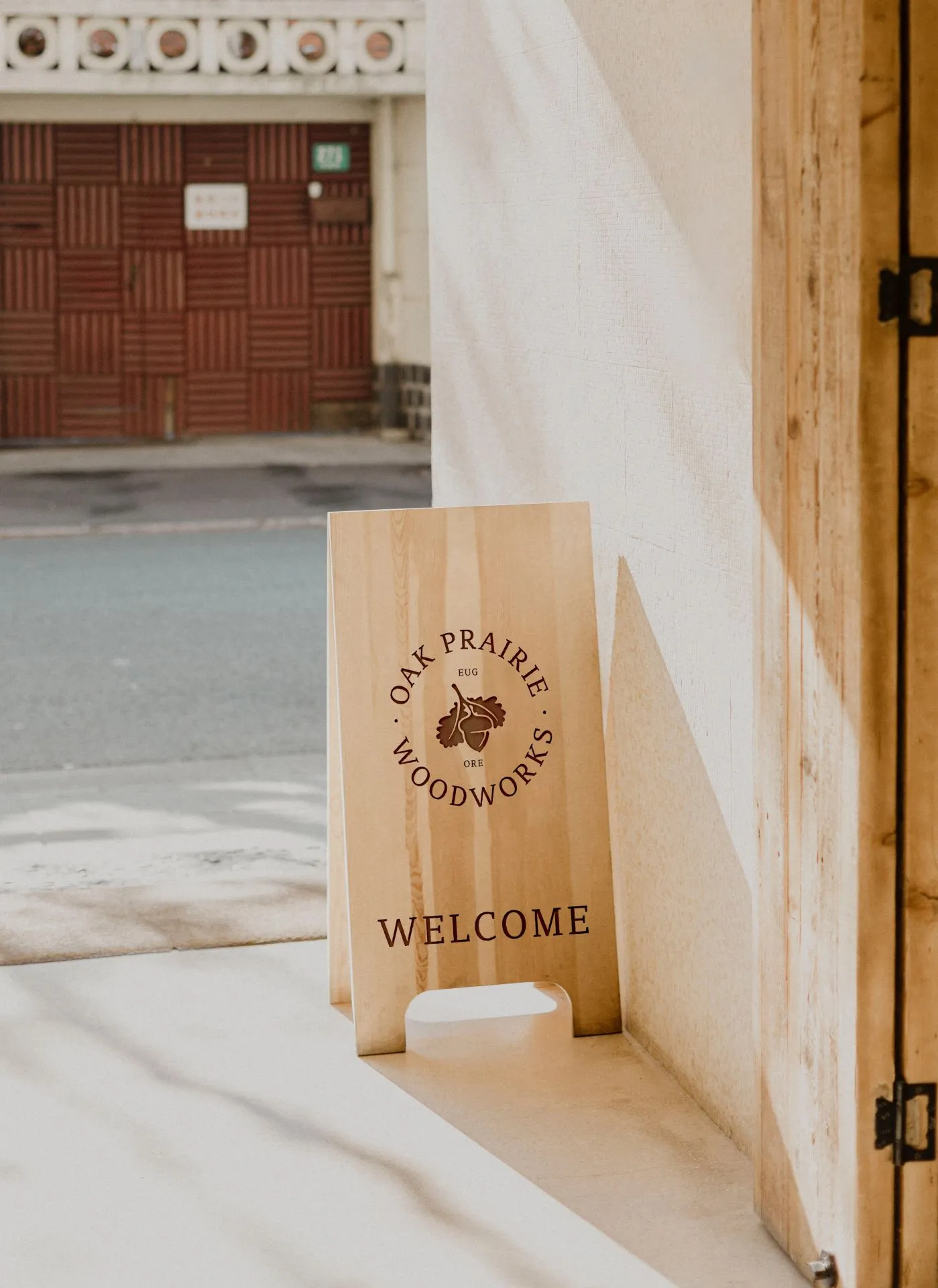 Welcome sign for Oak Prairie Woodworks