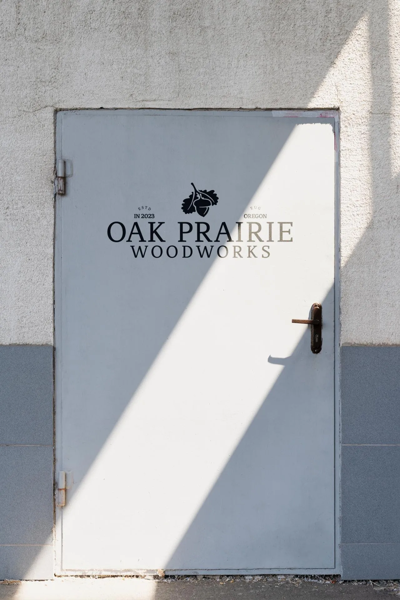 Shop entrance signage for Oak Prairie Woodworks