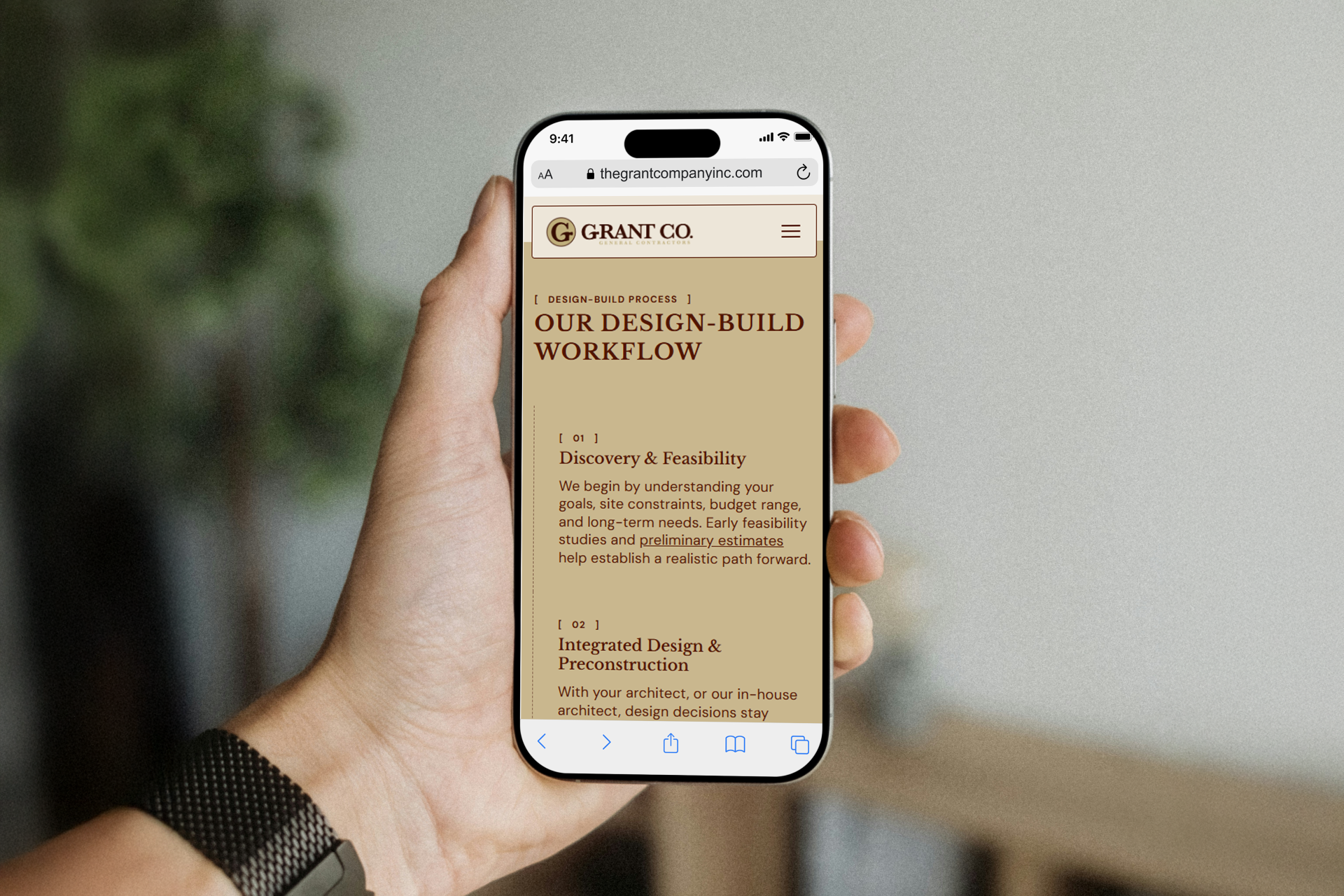 Mobile view of the design-build process page for The Grant Company