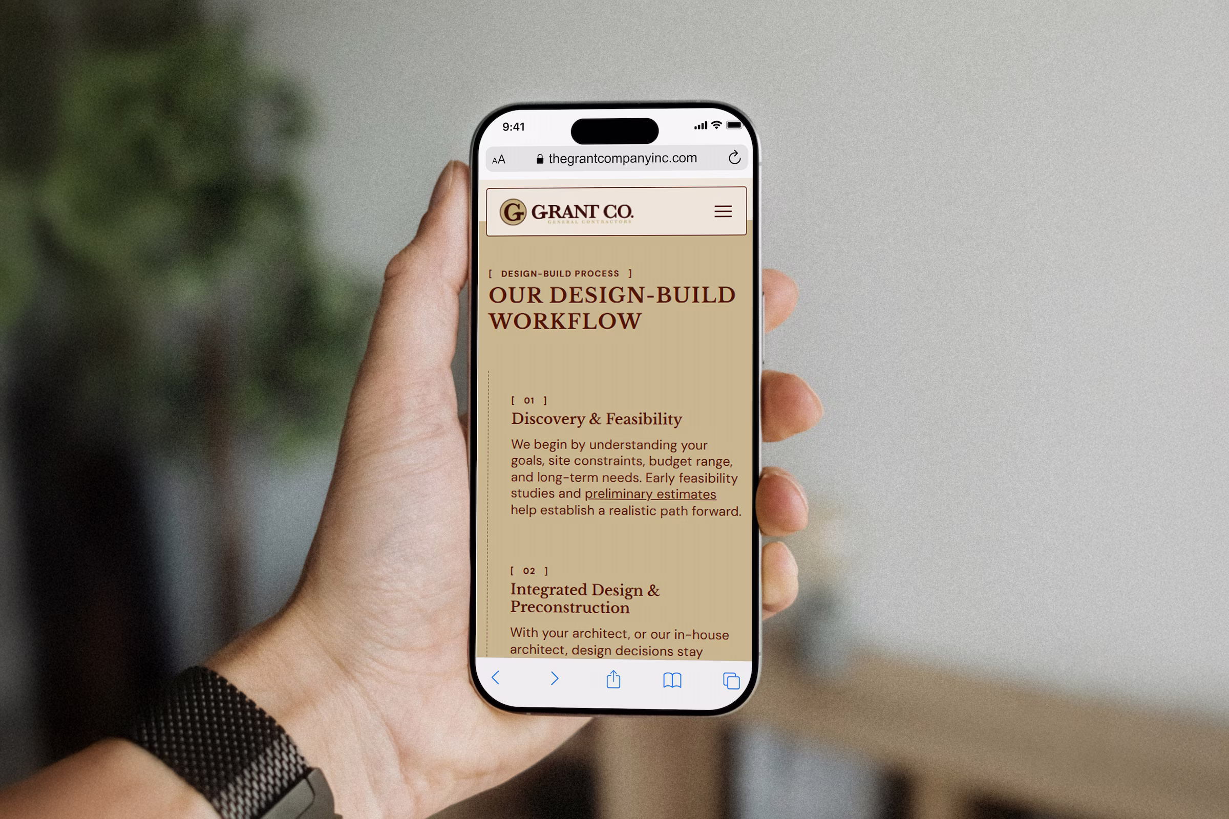 Mobile view of the design-build process page for The Grant Company