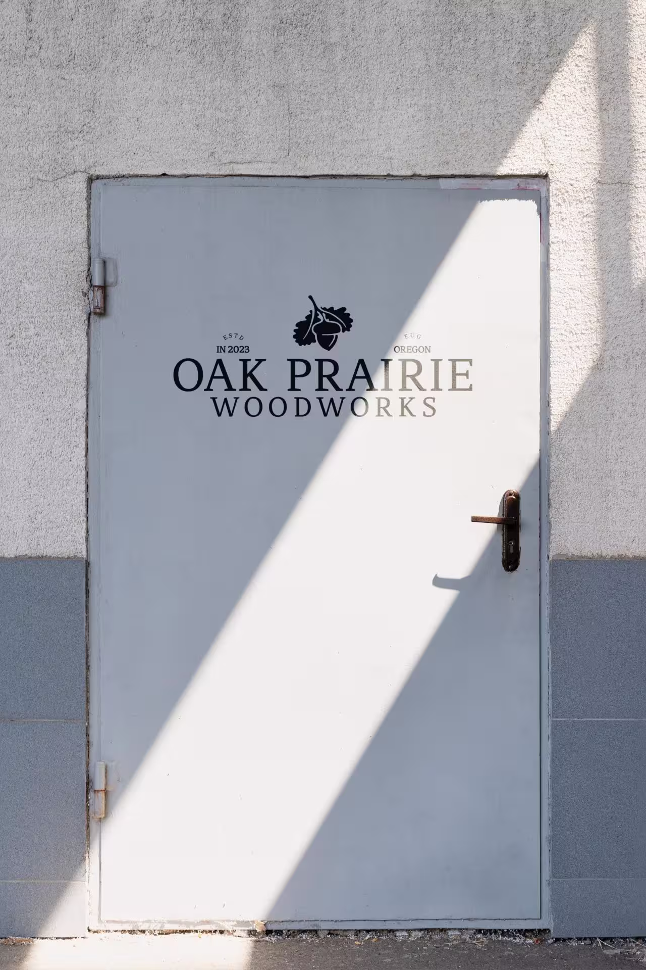 Shop entrance signage for Oak Prairie Woodworks