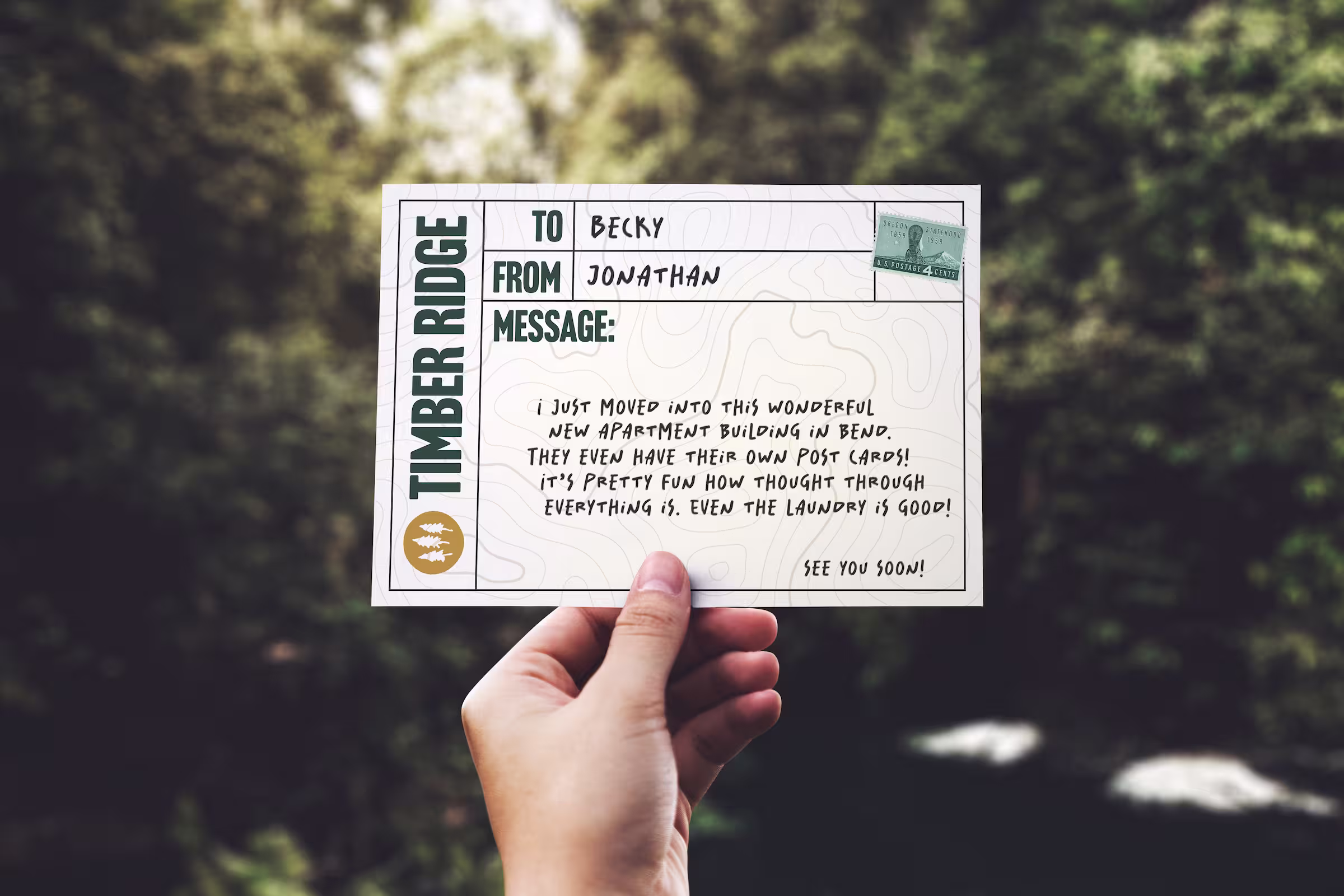 Postcard design for Timber Ridge Apartments