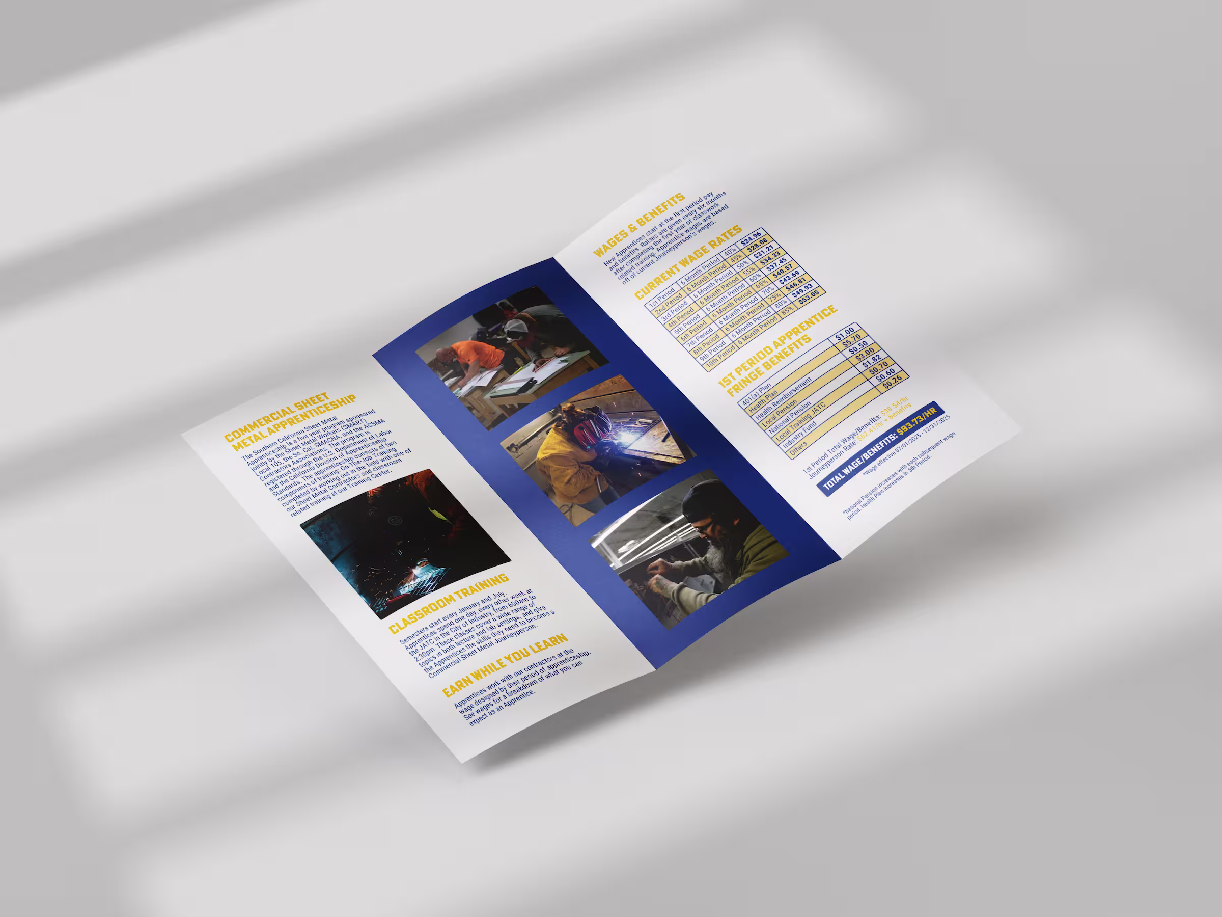 Interior spread of recruitment brochure for Southern California Sheet Metal Apprenticeship