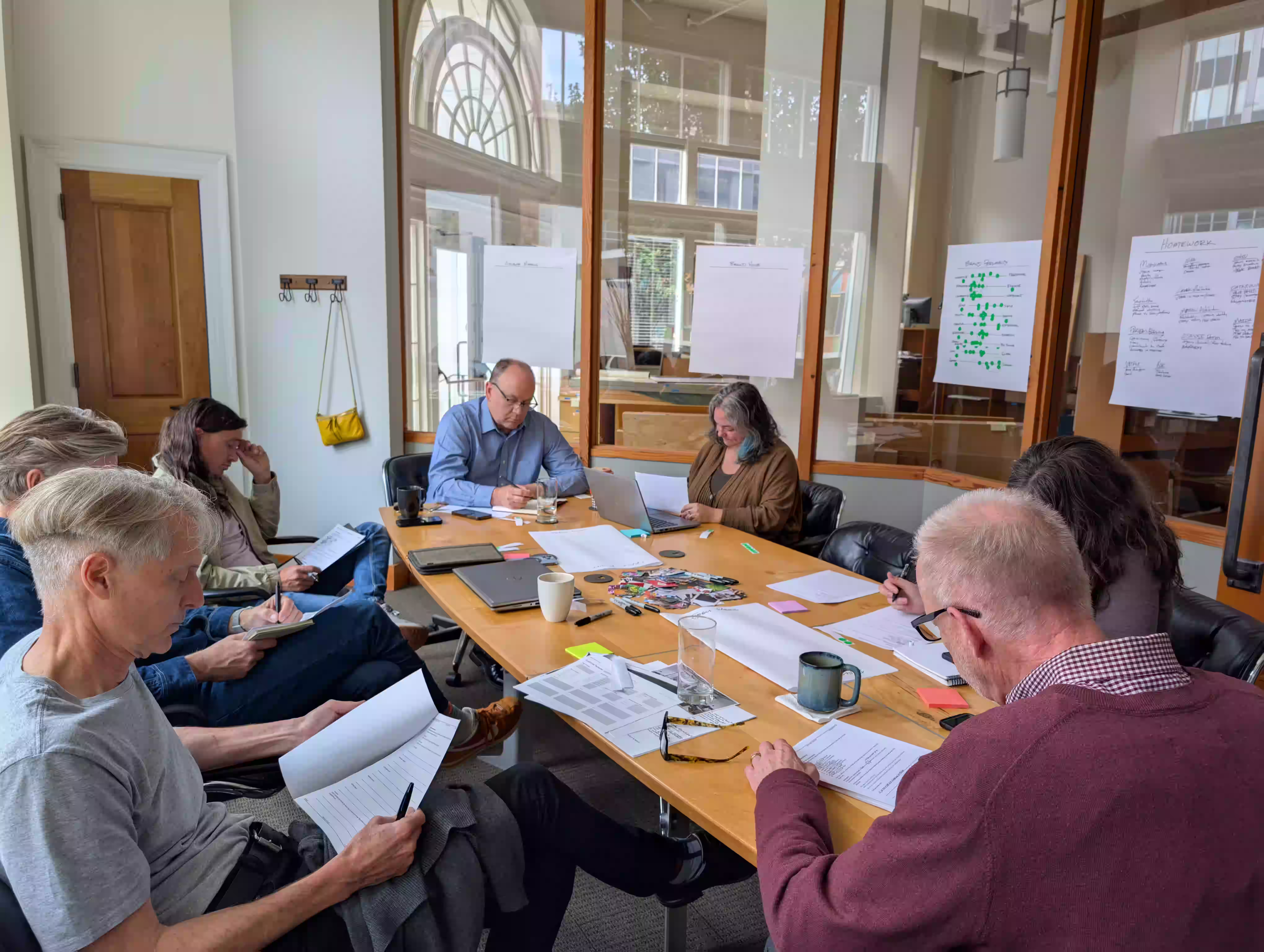 OrangeWall+WaterLeaf team in a conference room while doing a Fairbuilt Brand Strategy meeting.