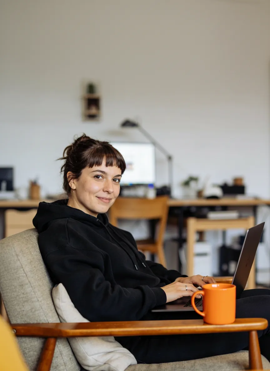 Kobieta pracująca przy laptopie z kubkiem kawy