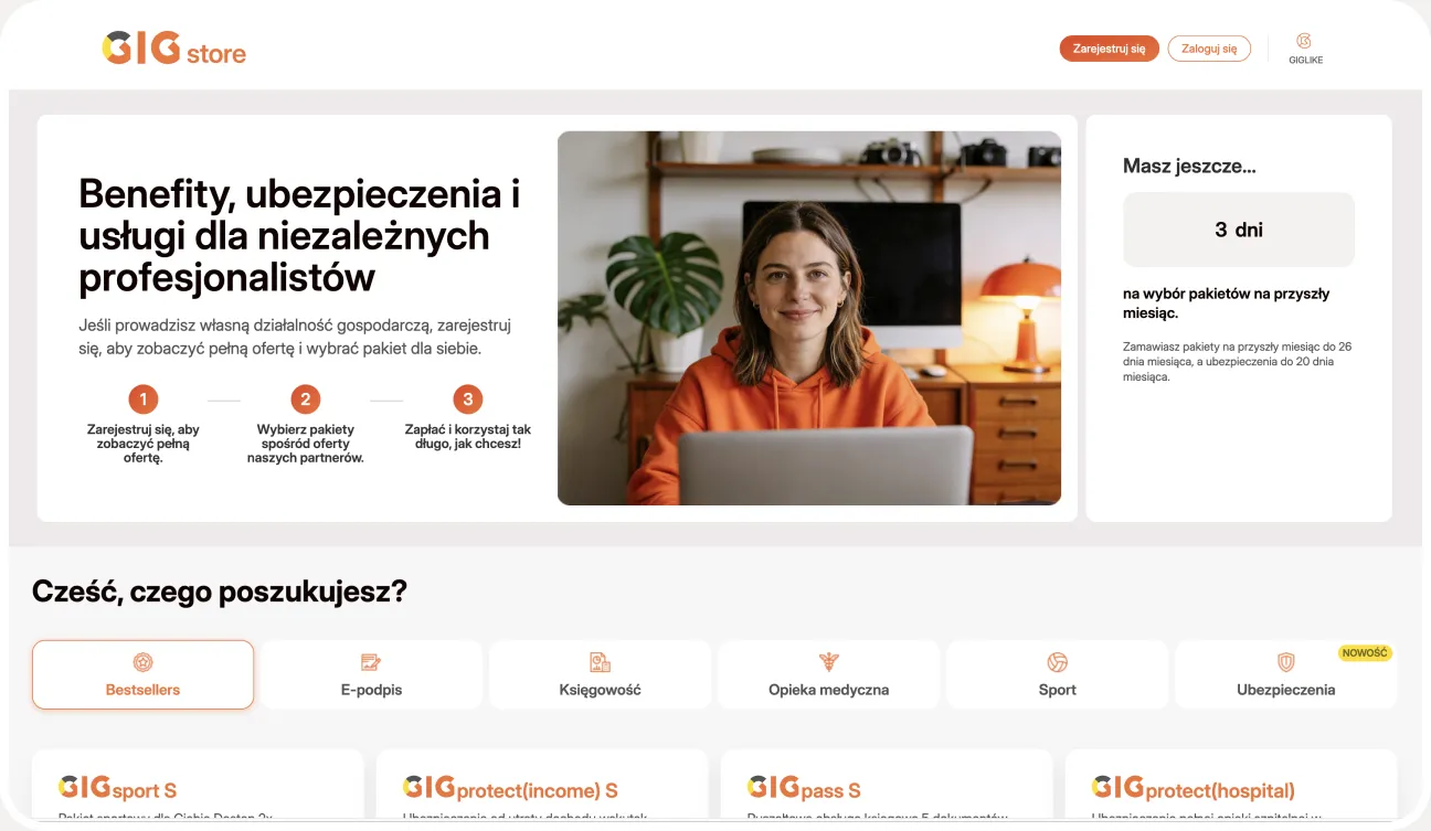 Widok platformy GIGstore z ofertą pakietów benefitów