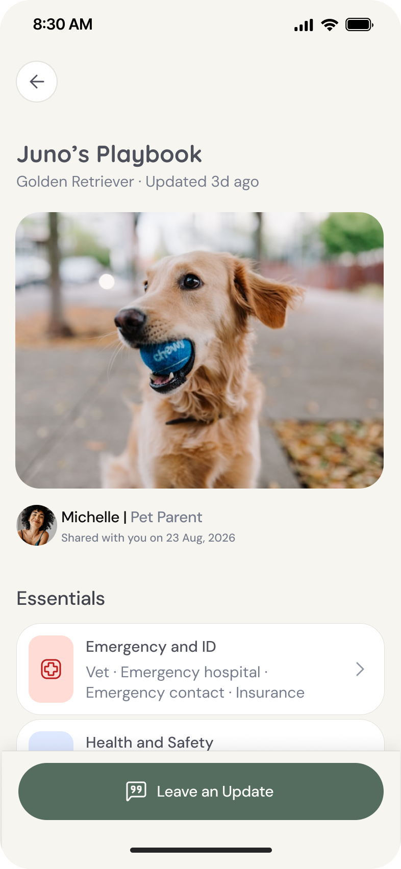 PetPlaybook app screen showing Juno's Playbook profile for a Golden Retriever