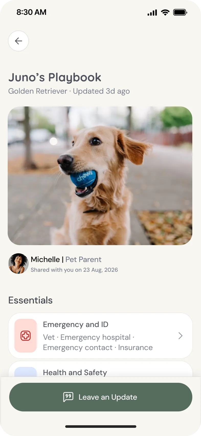 PetPlaybook app screen showing Juno's Playbook profile for a Golden Retriever