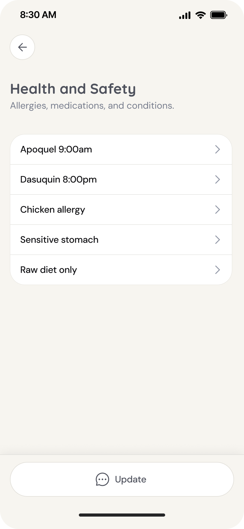 PetPlaybook app screen: Health and Safety details
