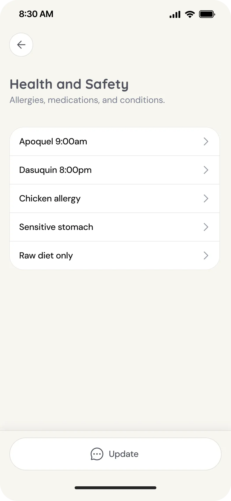 PetPlaybook app screen: Health and Safety details