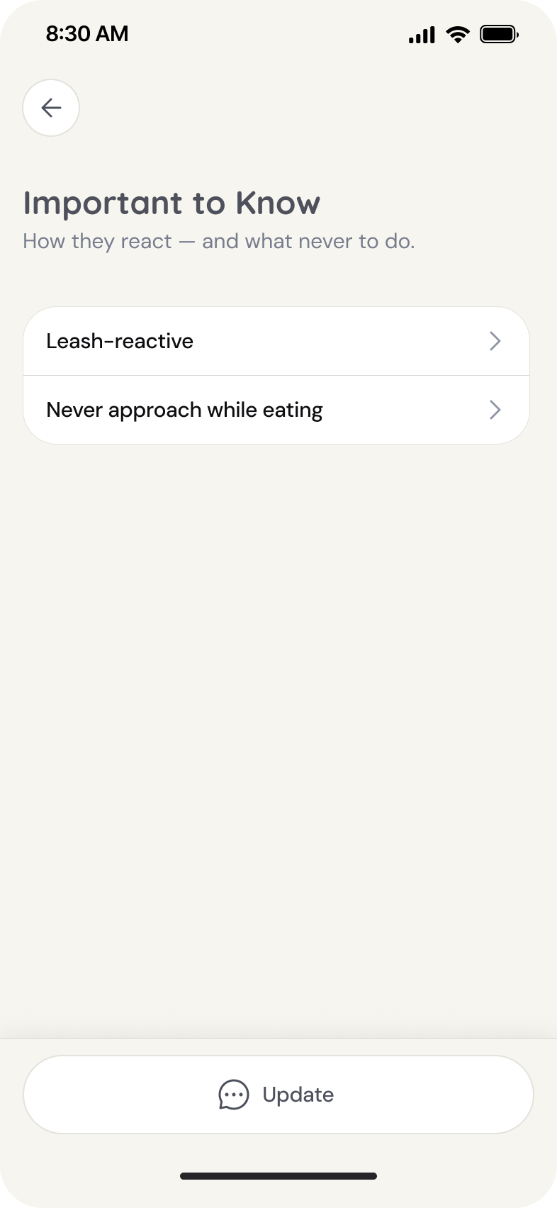 PetPlaybook app screen: Important to Know details