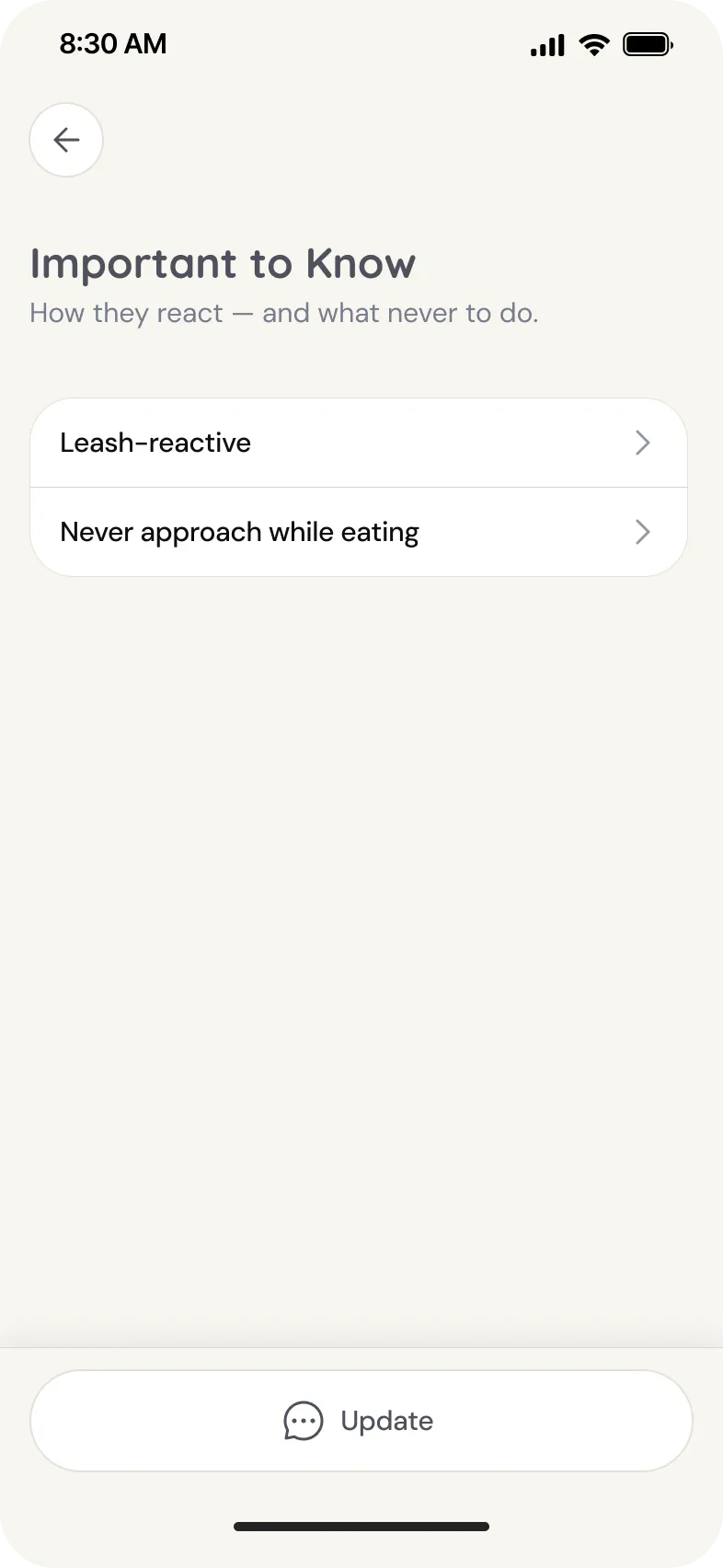 PetPlaybook app screen: Important to Know details