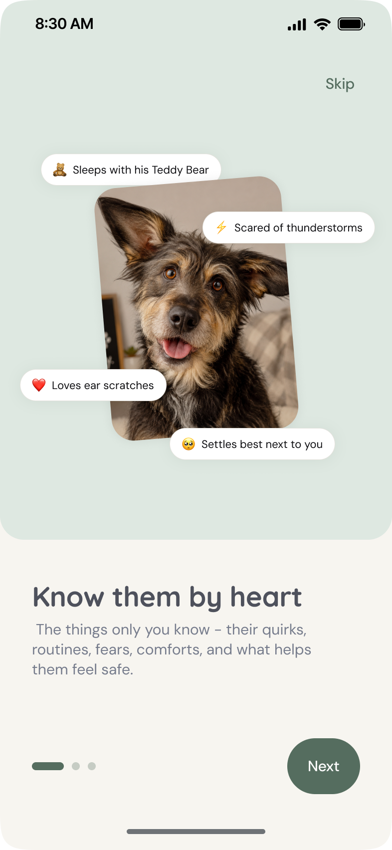 PetPlaybook app screen: Know them by heart
