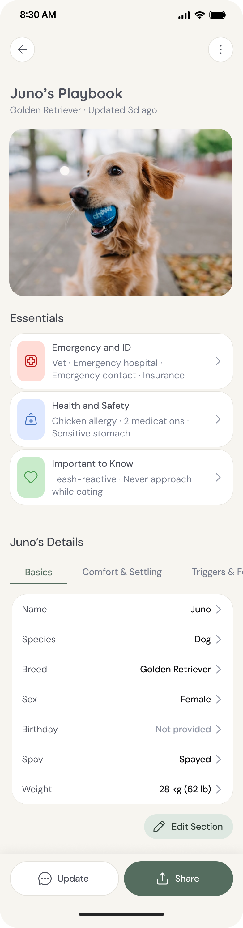 Pet details: Juno, Dog, Golden Retriever, Female, Spayed, 28 kg