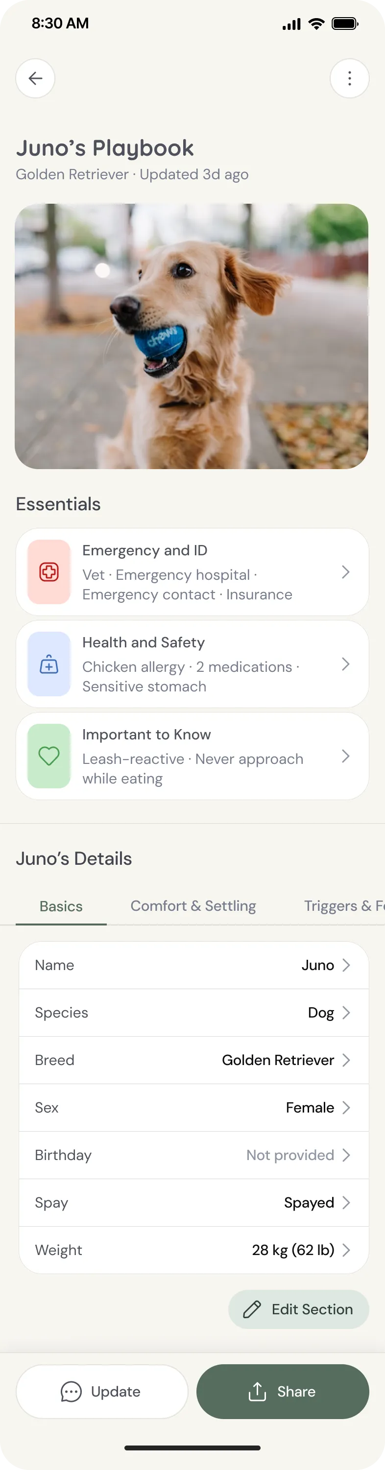 Pet details: Juno, Dog, Golden Retriever, Female, Spayed, 28 kg