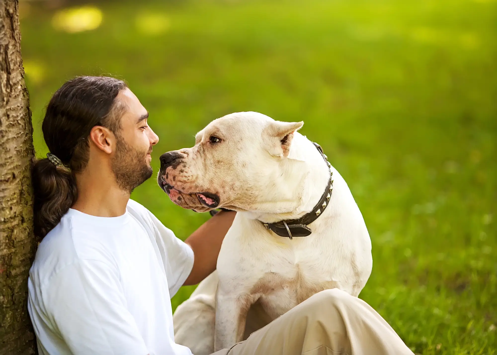 man sitting against a tree with his dog