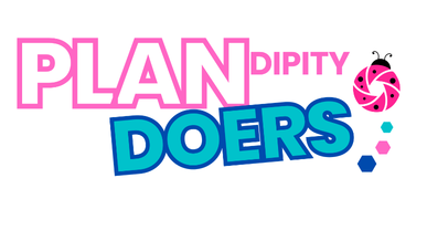 Plandipity Doers logo with pink plan text and blue doers design with colorful dots