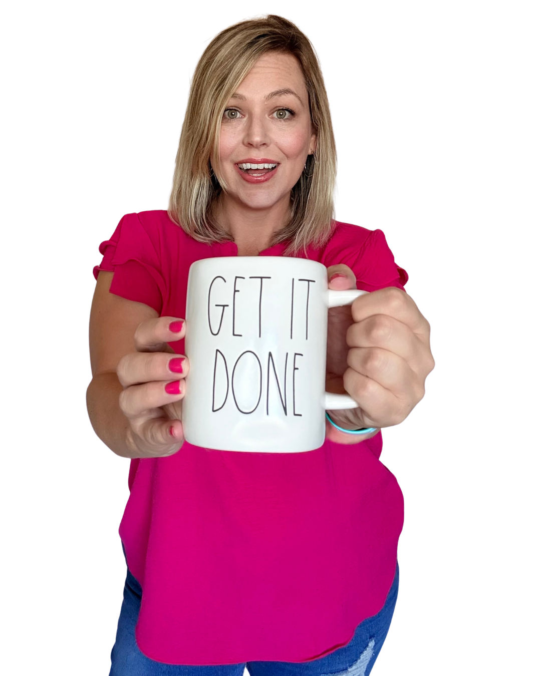 Samantha Markey smiling holding white mug with motivational "Get It Done" text
