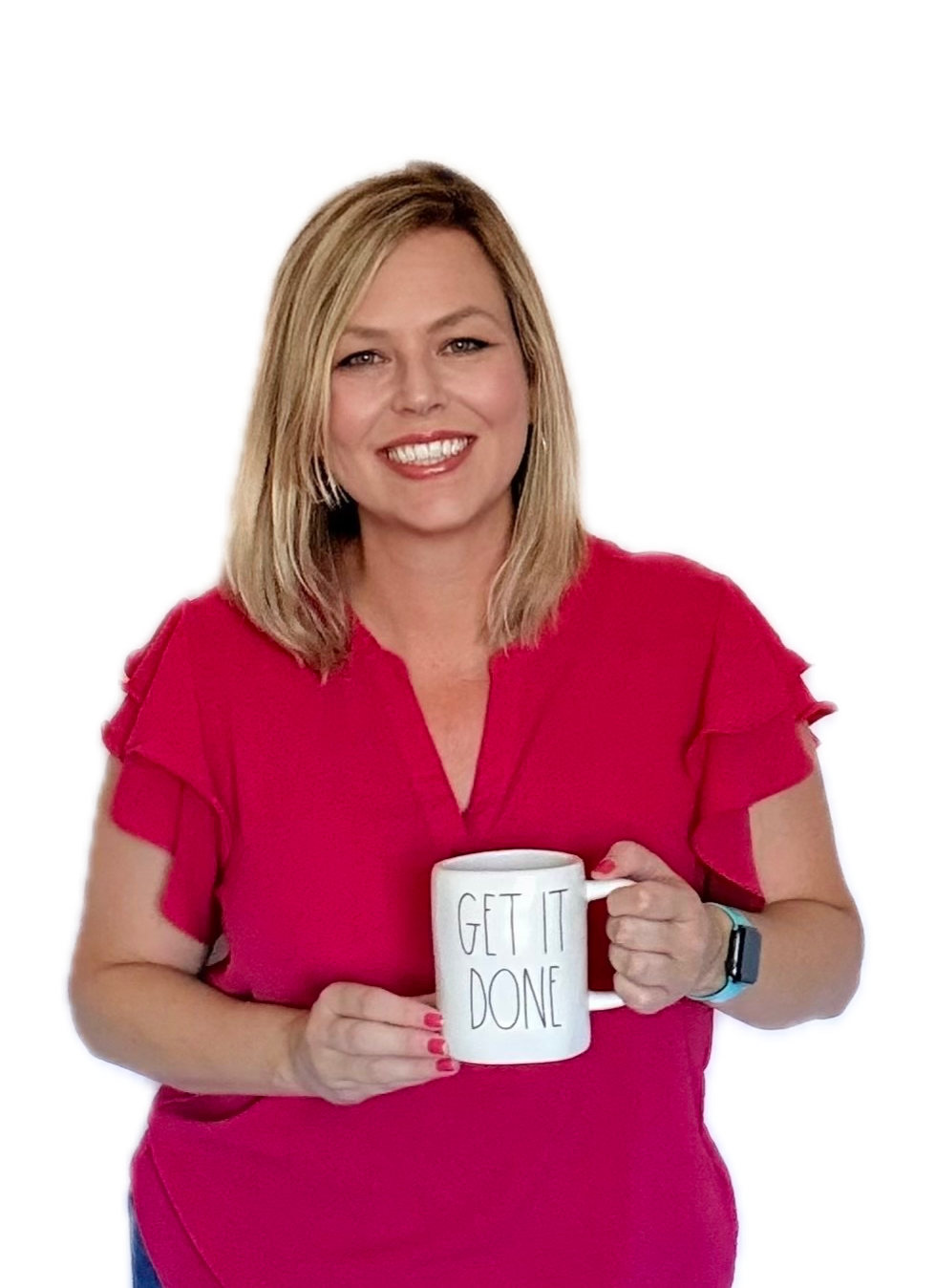 Samantha Markey smiling in pink shirt holding "Get It Done" mug