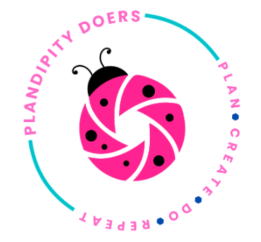 Plandipity Doers logo with stylized pink ladybug design