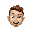 Cartoon-style animated male face with short brown hair, smiling with open mouth and wide eyes.