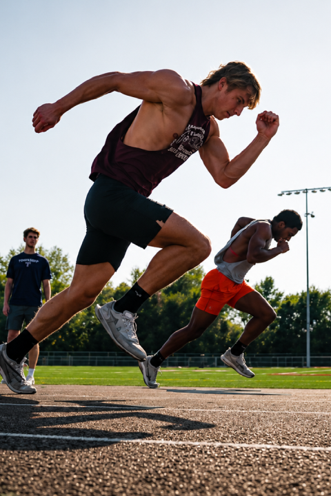 Two athletes sprint on an outdoor track during performance training in Edina, Minnesota.