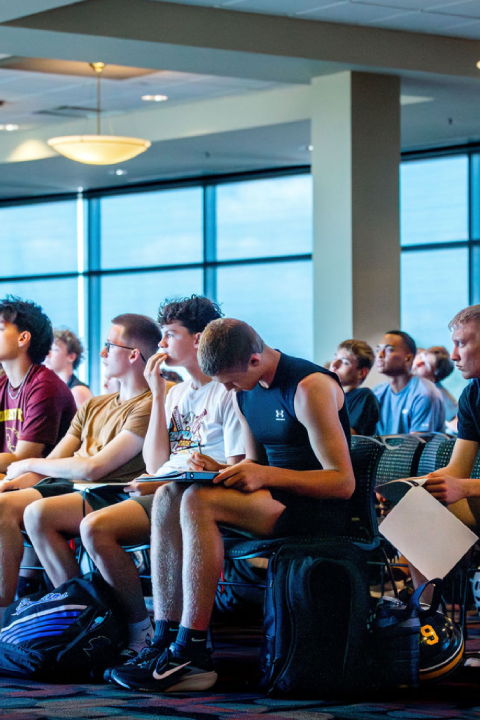 Young quarterbacks attend a classroom learning session at 612 Quarterbacks Academy in Edina, Minnesota.