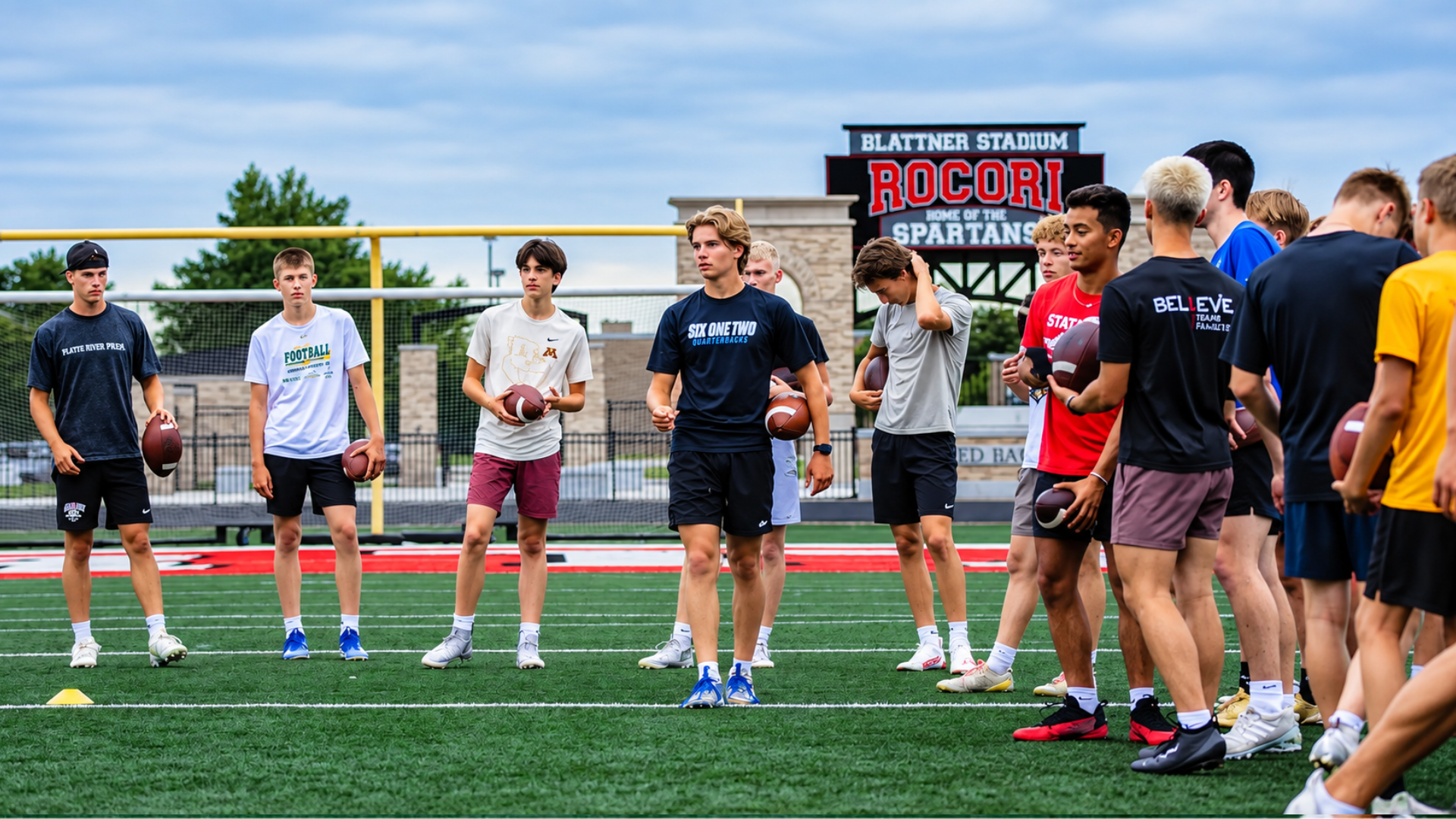 Young quarterbacks holding footballs during an outdoor training session at a football stadium.