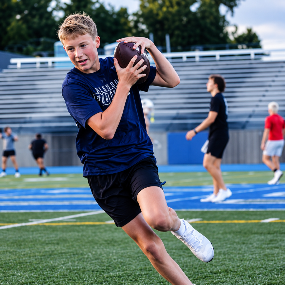 612 Football athlete catching a pass mid-stride during an outdoor training session.