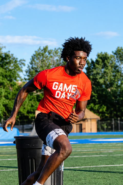Athlete performing a speed and agility drill on a football field while other athletes watch.