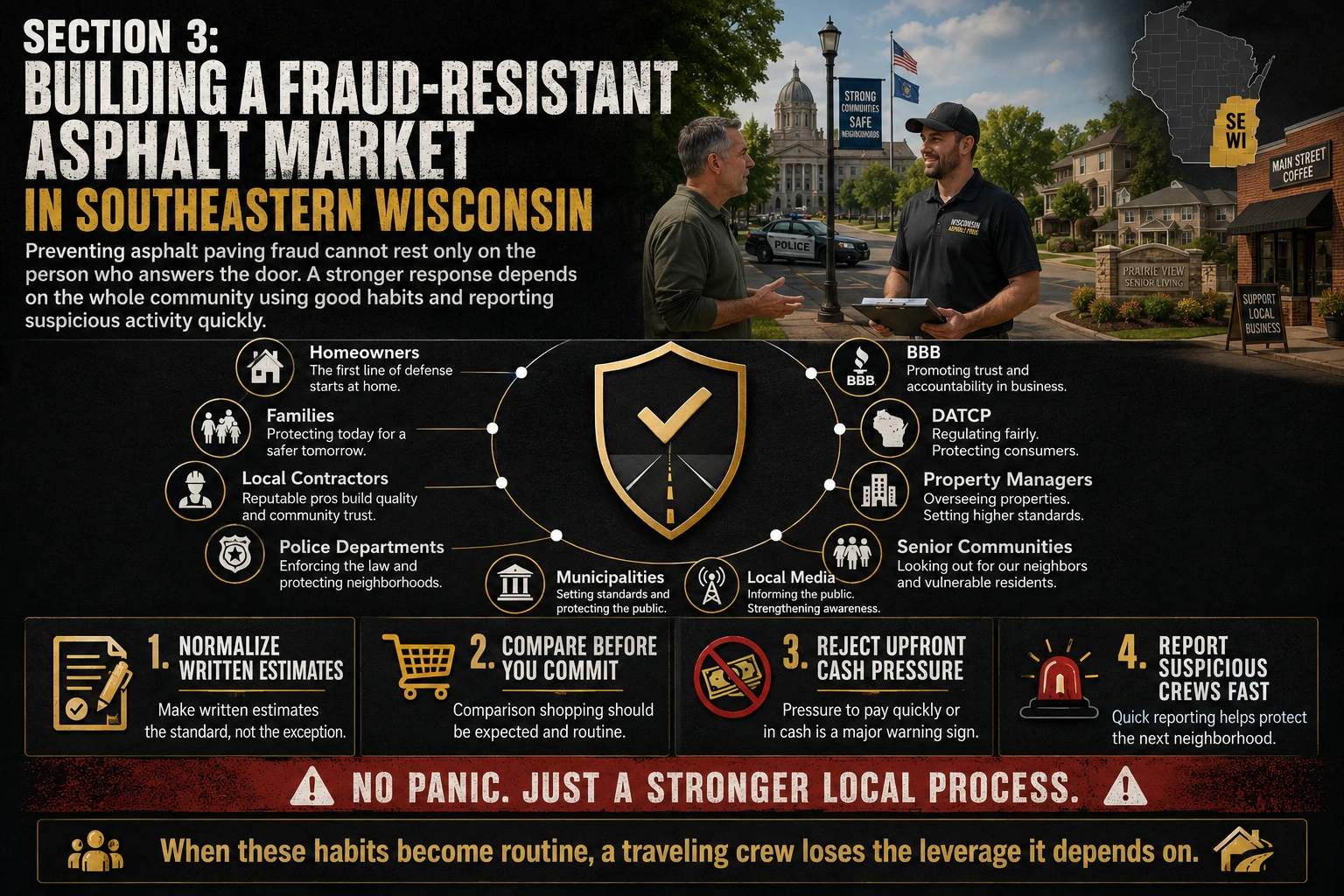 Community guide to building a fraud-resistant asphalt market in Southeastern Wisconsin, showing the roles of homeowners, families, local contractors, police, municipalities, the BBB, DATCP, property managers, senior communities and local media, with four key actions: normalize written estimates, compare before committing, reject upfront cash pressure, and report suspicious crews fast.