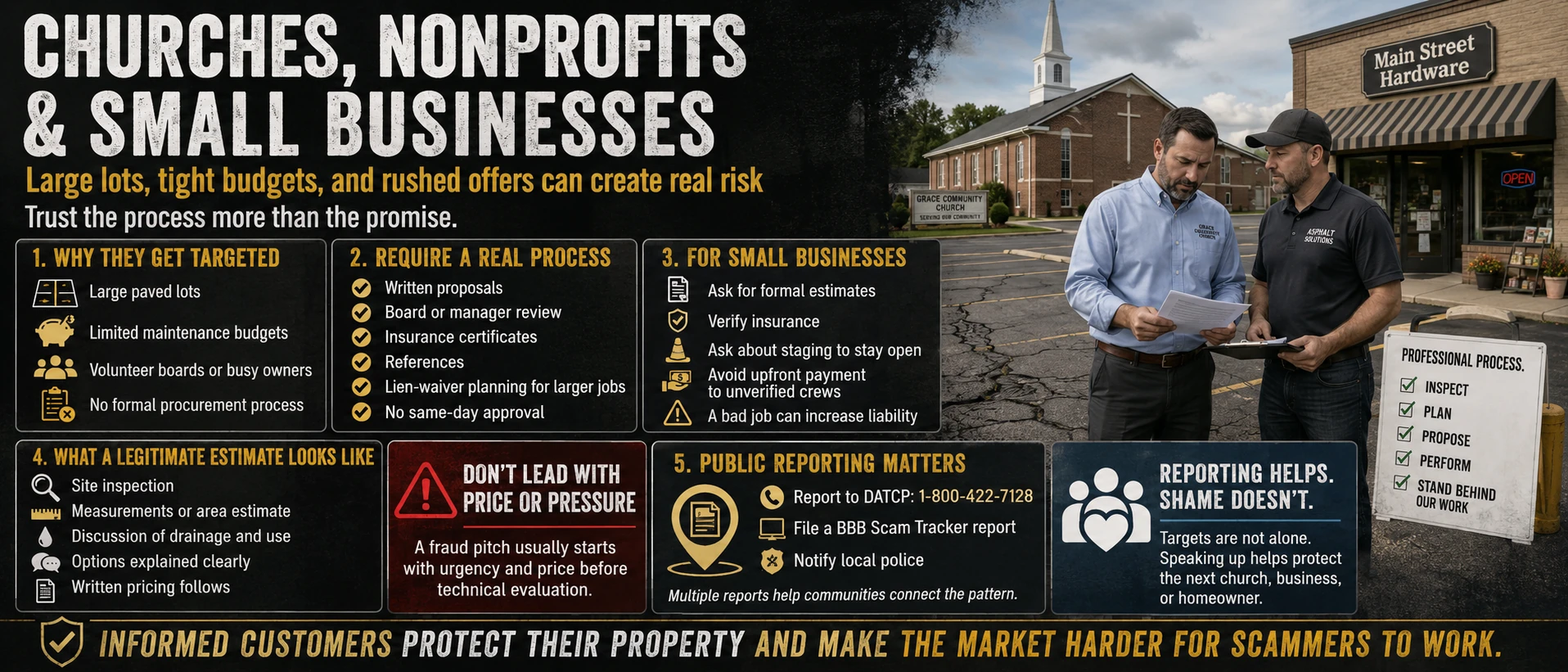 Asphalt paving scam prevention guide for churches, nonprofits and small businesses: a church administrator reviews a paving proposal outside a cracked parking lot, with a five-part framework covering the required approval process, what a legitimate estimate includes, warning signs of price-first pitches, and how to report suspicious contractors.