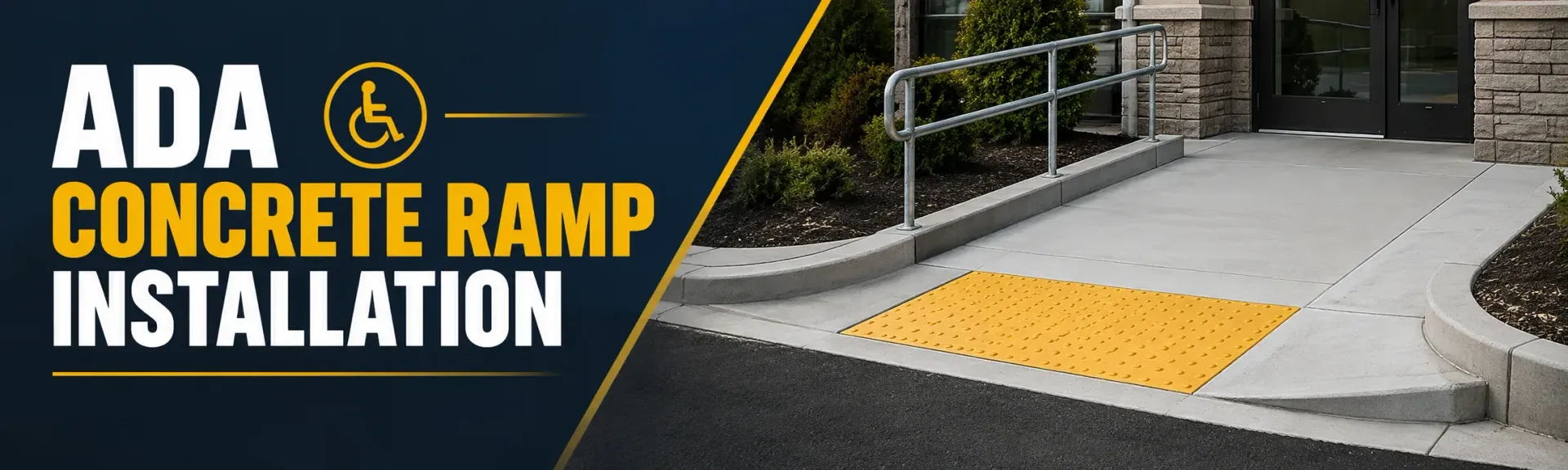 ADA concrete ramp installation at a commercial entrance in Hales Corners, WI, with steel handrails and a yellow detectable warning pad for safe wheelchair access