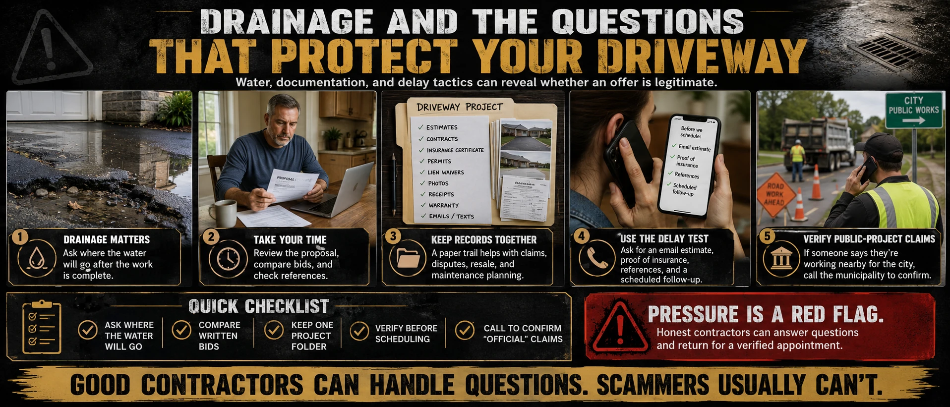 Infographic on the drainage questions that protect your driveway — what a contractor should be able to answer about slope, water flow and edges, and why pressure to skip those answers is a red flag.