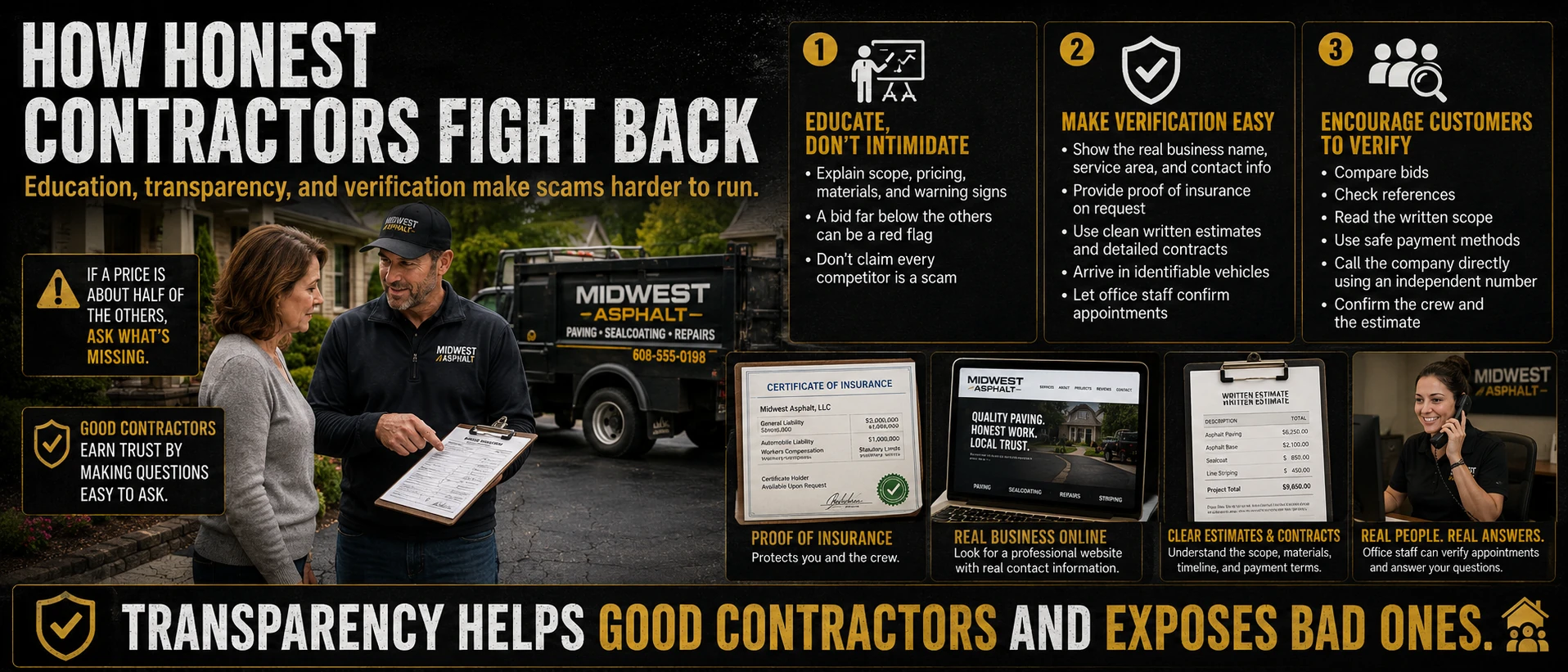 How honest asphalt contractors fight back against scams: a legitimate contractor reviews a written estimate with a homeowner, with three transparency practices — educate without intimidating, make verification easy with proof of insurance and identifiable vehicles, and encourage customers to compare bids and check references.