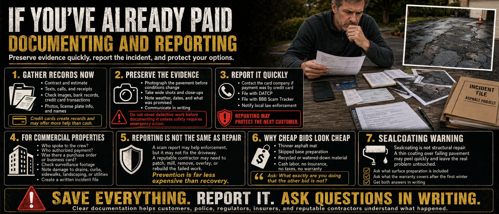 Seven-step documentation and reporting guide for homeowners who already paid a fraudulent asphalt paving contractor: gather contracts, texts and bank records, preserve photo evidence before conditions change, and report to the card issuer, DATCP, BBB Scam Tracker and local police.