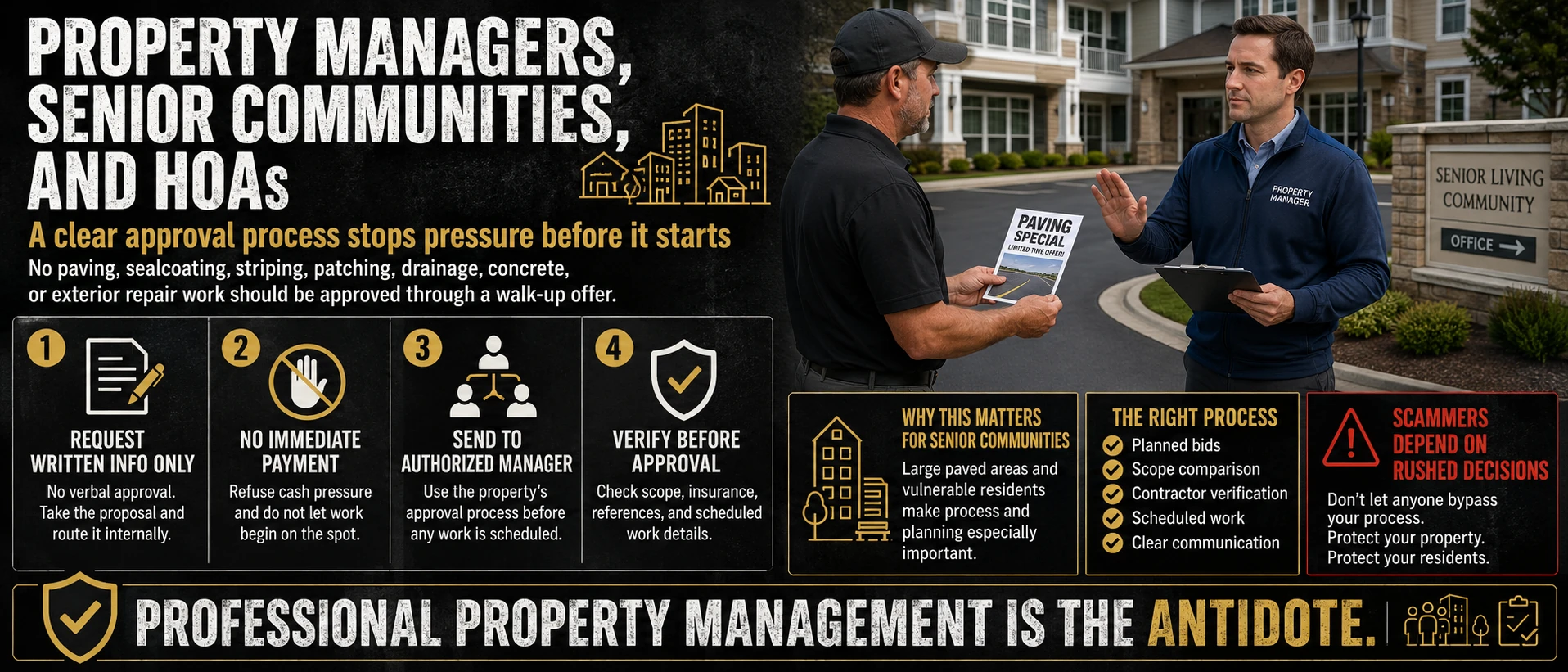Asphalt paving scam prevention guide for property managers, senior living communities and HOAs, showing a four-step approval process for unsolicited paving offers: request written information only, refuse immediate cash payment, route to the authorized manager, and verify insurance, references and scope before approval.