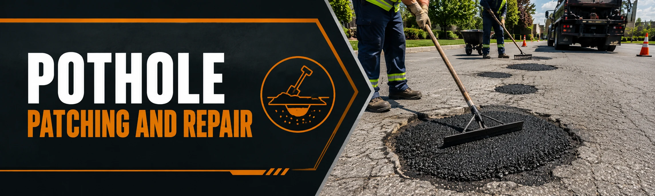 Pothole patching and repair crew filling and compacting a pothole in an asphalt parking lot in Southeastern Wisconsin to restore a smooth, safe driving surface