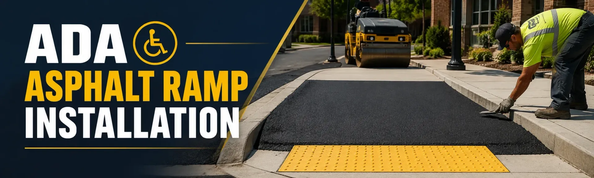 ADA asphalt ramp installation at a commercial building entrance in Franklin, WI, with a yellow detectable warning pad and a smooth accessible transition to the sidewalk