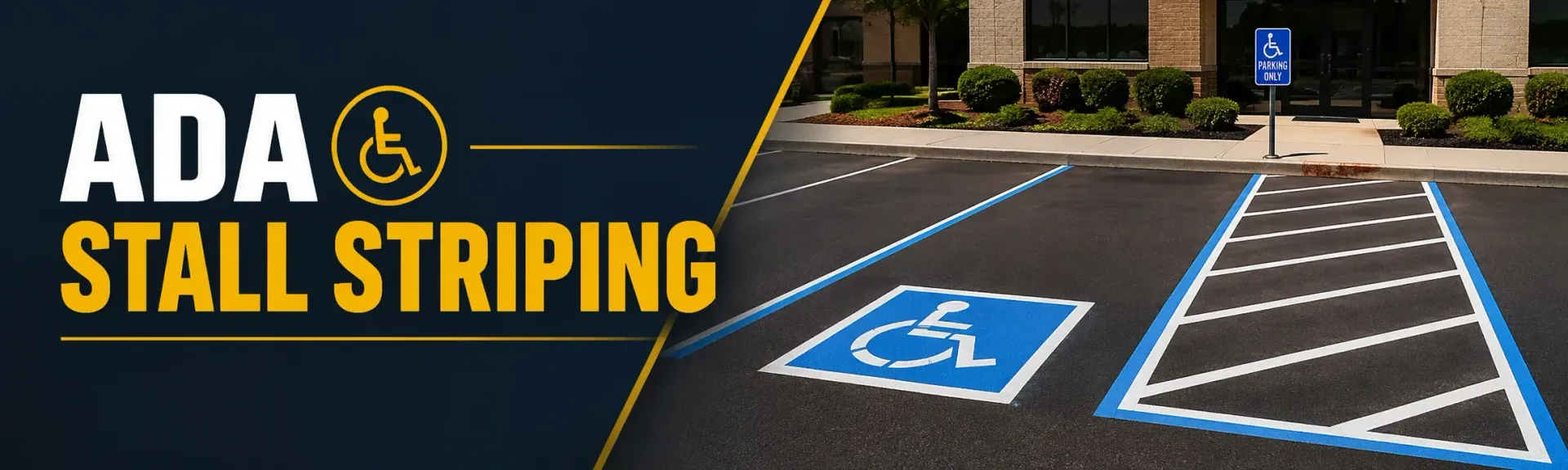 ADA stall striping on a freshly paved commercial parking lot in Muskego, WI, with a blue handicap symbol, access aisle, and an accessible parking sign at the entrance