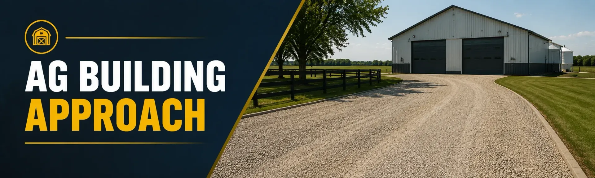 Gravel ag building approach leading to a steel pole barn and grain bin on a farm in Big Bend, WI, with a fenced pasture and a graded crushed-stone driveway